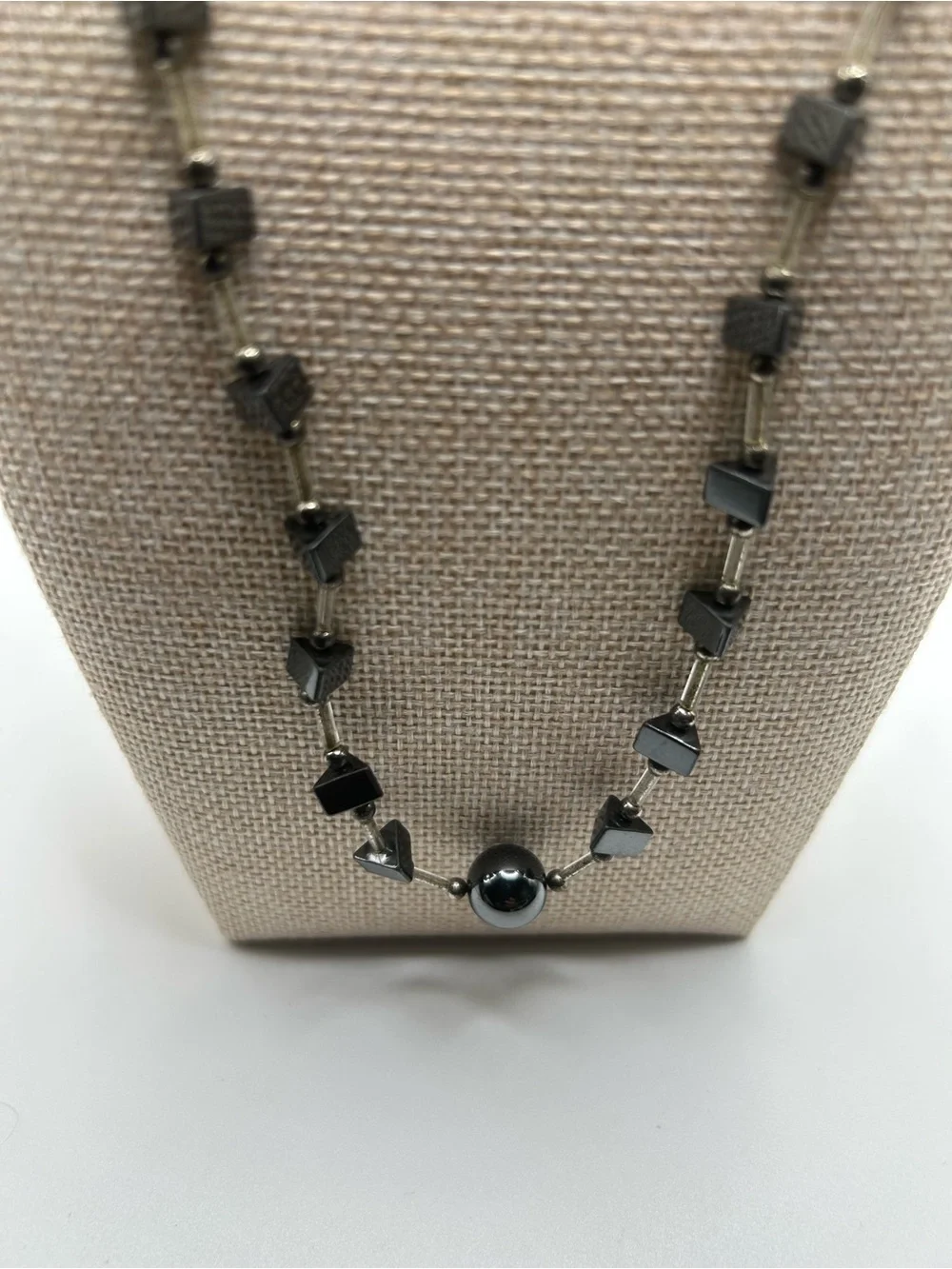Metallic necklace  gunmetal hematite tone floating clear beads modern Y2k boho